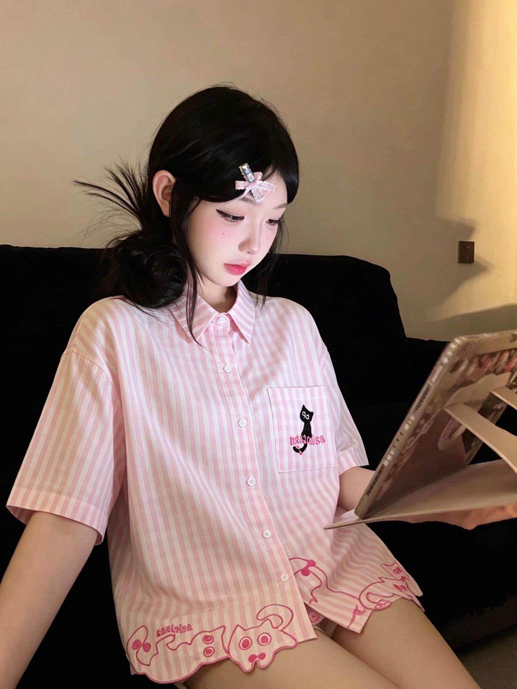 자수 원본 공예 셔틀 직물 50 면 50 폴리 에스터 polo 루즈핏 반팔 셔츠 이미지 2