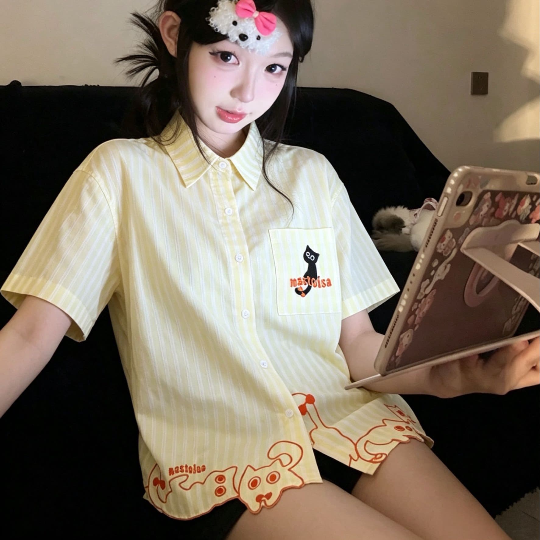 자수 원본 공예 셔틀 직물 50 면 50 폴리 에스터 polo 루즈핏 반팔 셔츠 이미지 5