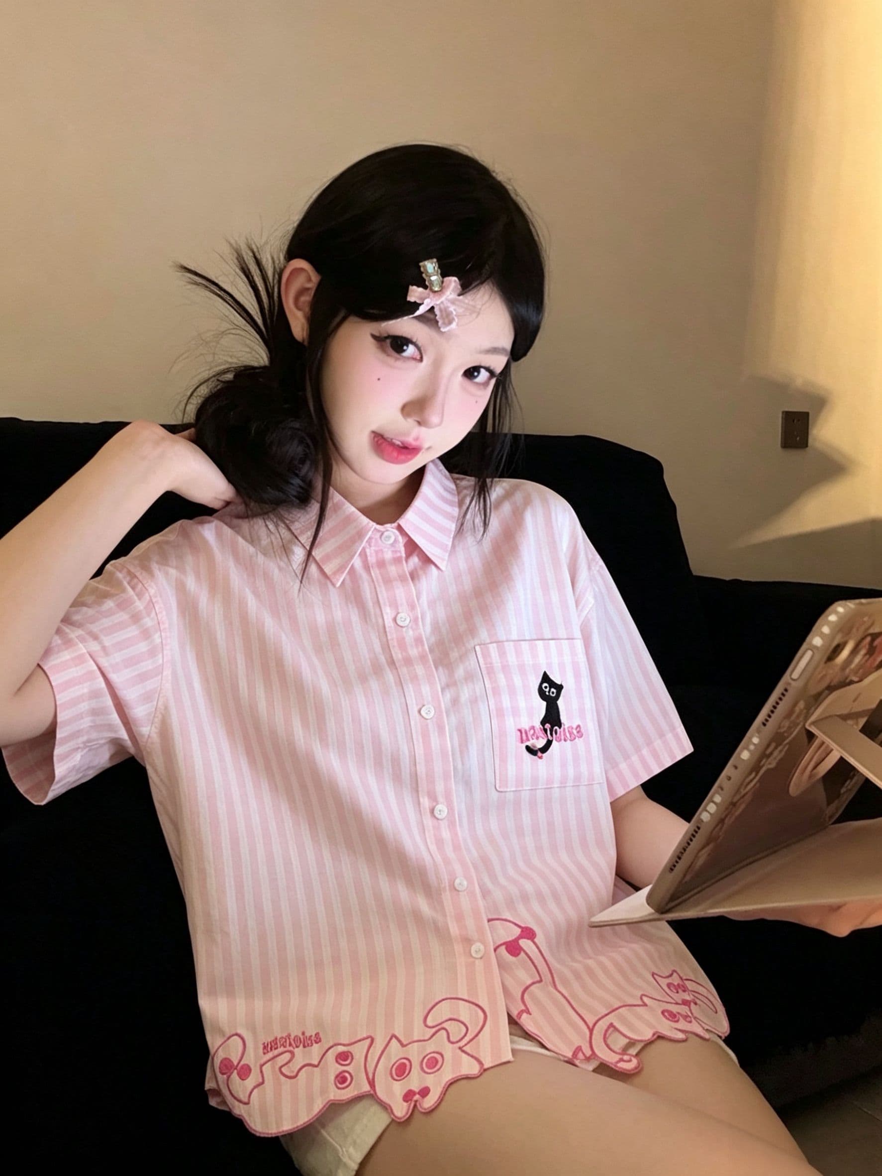 자수 원본 공예 셔틀 직물 50 면 50 폴리 에스터 polo 루즈핏 반팔 셔츠 상세 이미지 3