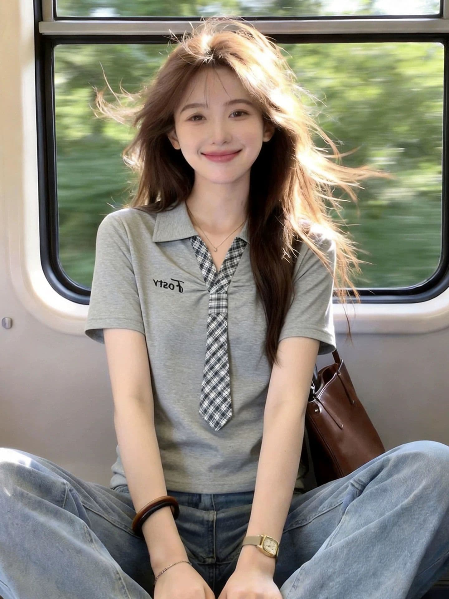 학원 스타일 패치워크 넥타이 반팔 티셔츠 여성 여름 자수 POLO 셔츠 맨위