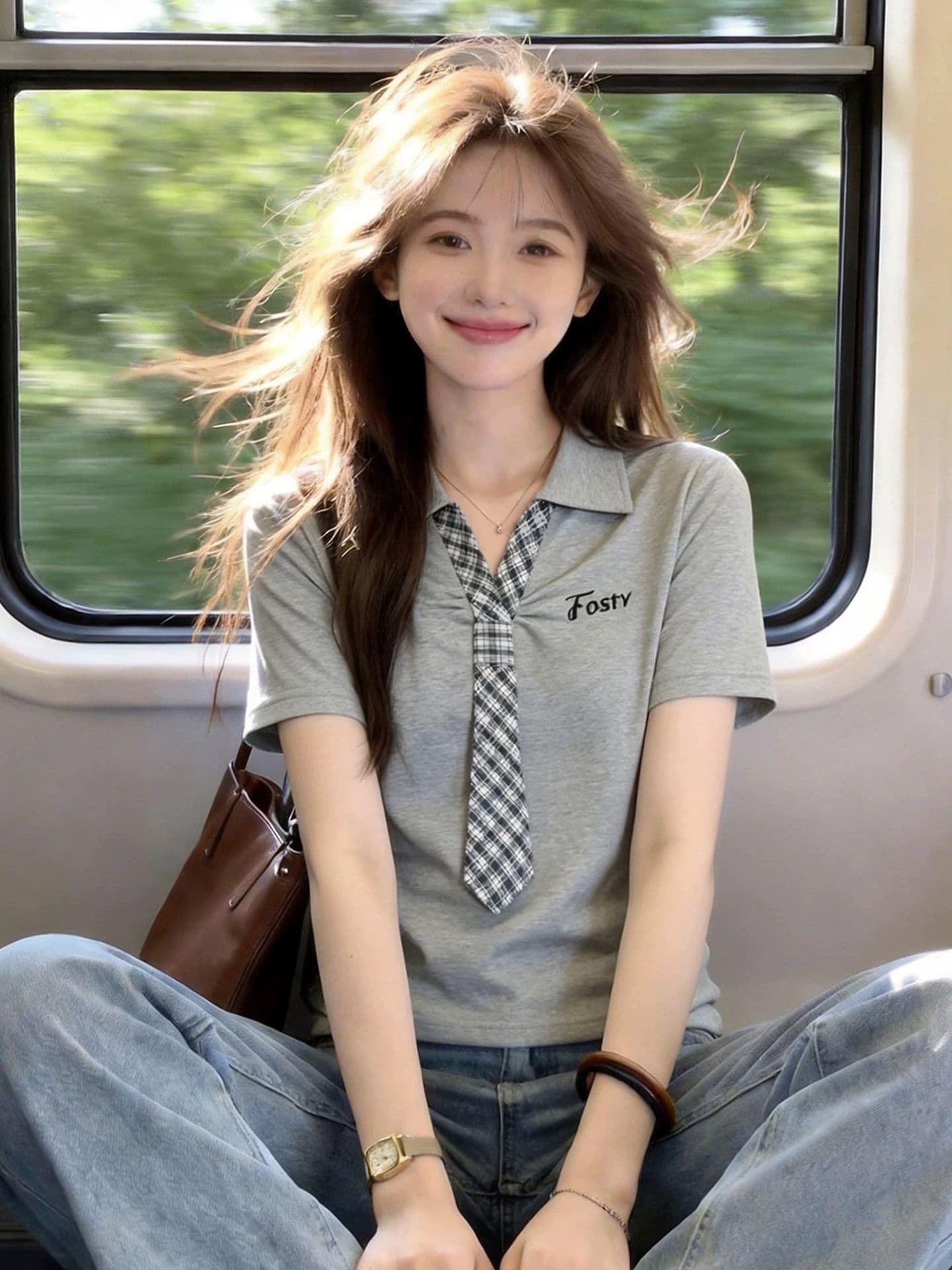 학원 스타일 패치워크 넥타이 반팔 티셔츠 여성 여름 자수 POLO 셔츠 맨위 상세 이미지 4