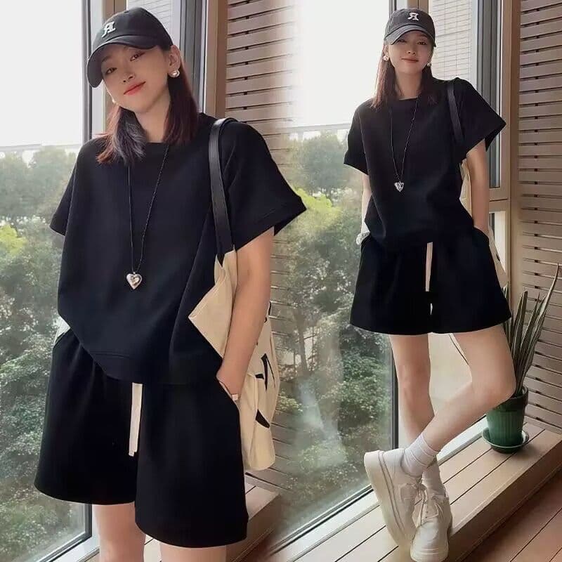 패션 세트 여성 여름 새로운 외국 가스 연령 감소 반팔 넓은 다리가 짧다. 바지 투피스 세트 이미지 5