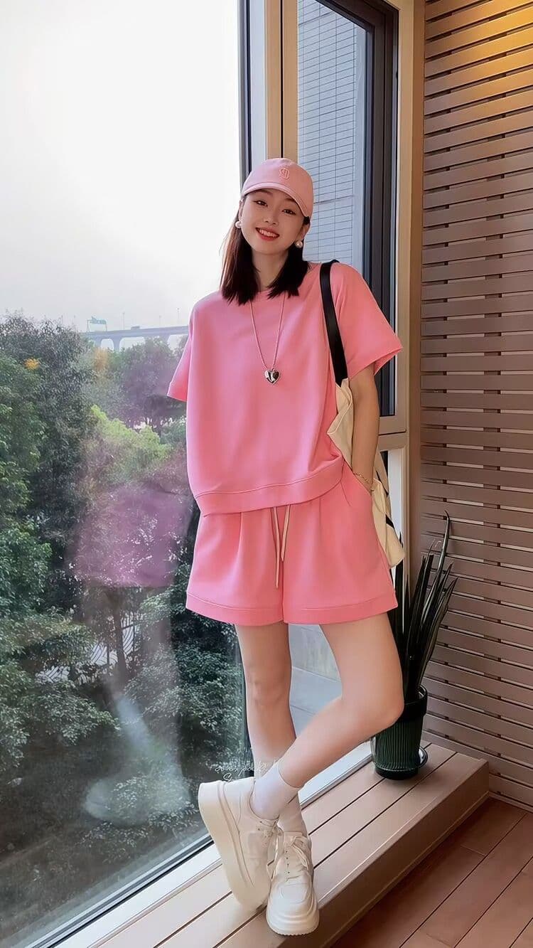 패션 세트 여성 여름 새로운 외국 가스 연령 감소 반팔 넓은 다리가 짧다. 바지 투피스 세트 상세 이미지 4