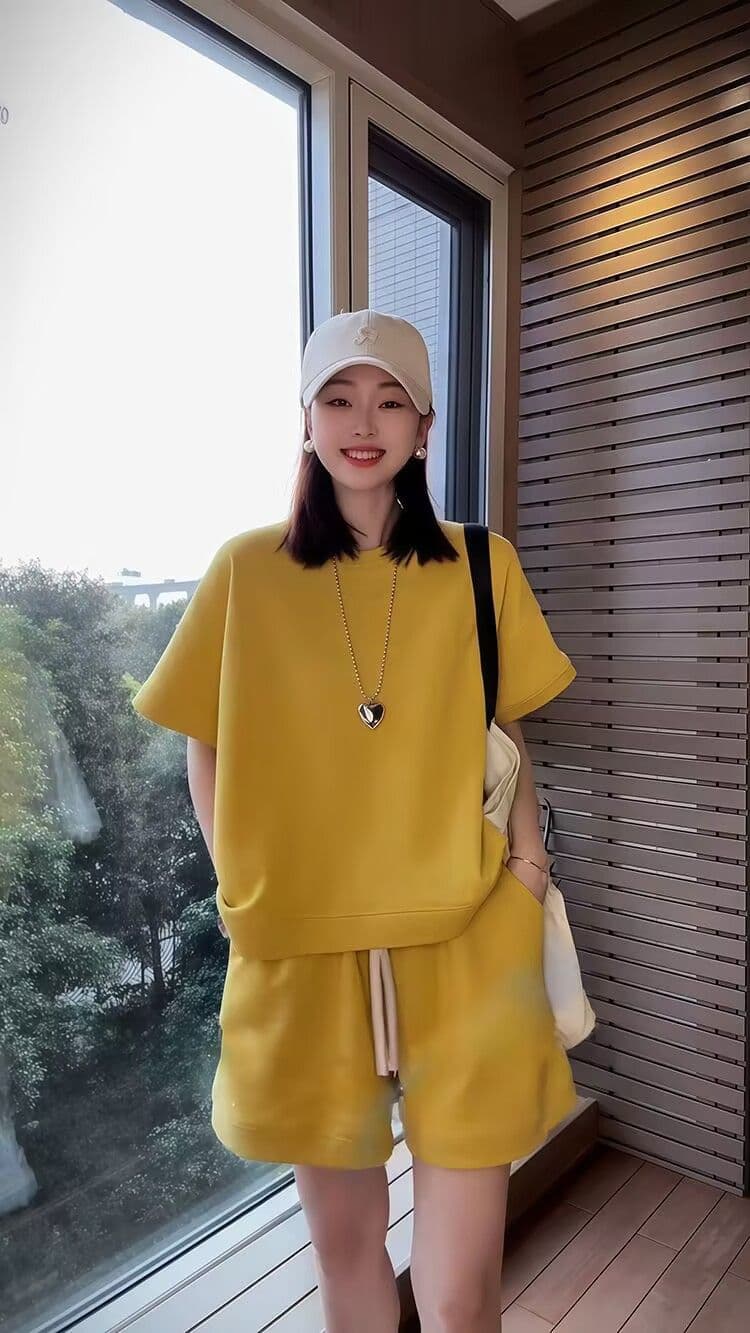 패션 세트 여성 여름 새로운 외국 가스 연령 감소 반팔 넓은 다리가 짧다. 바지 투피스 세트 상세 이미지 5