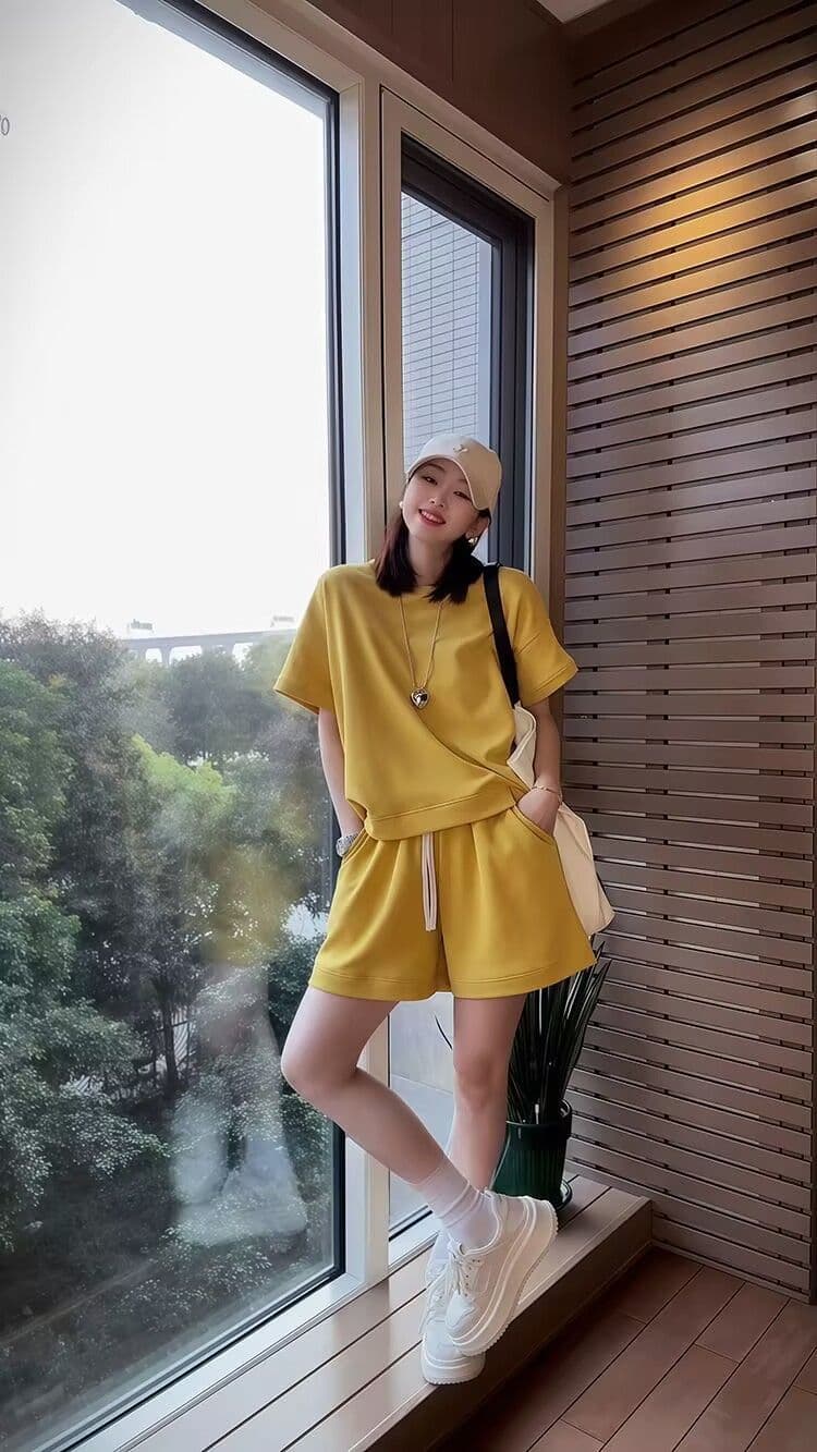 패션 세트 여성 여름 새로운 외국 가스 연령 감소 반팔 넓은 다리가 짧다. 바지 투피스 세트 상세 이미지 6