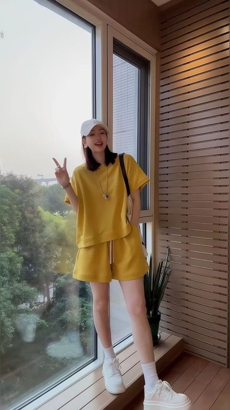 패션 세트 여성 여름 새로운 외국 가스 연령 감소 반팔 넓은 다리가 짧다. 바지 투피스 세트 상세 이미지 9