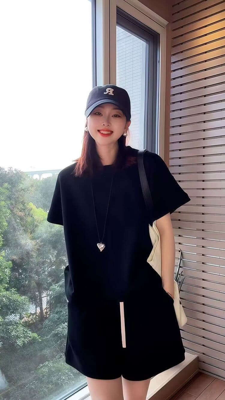 패션 세트 여성 여름 새로운 외국 가스 연령 감소 반팔 넓은 다리가 짧다. 바지 투피스 세트 상세 이미지 12