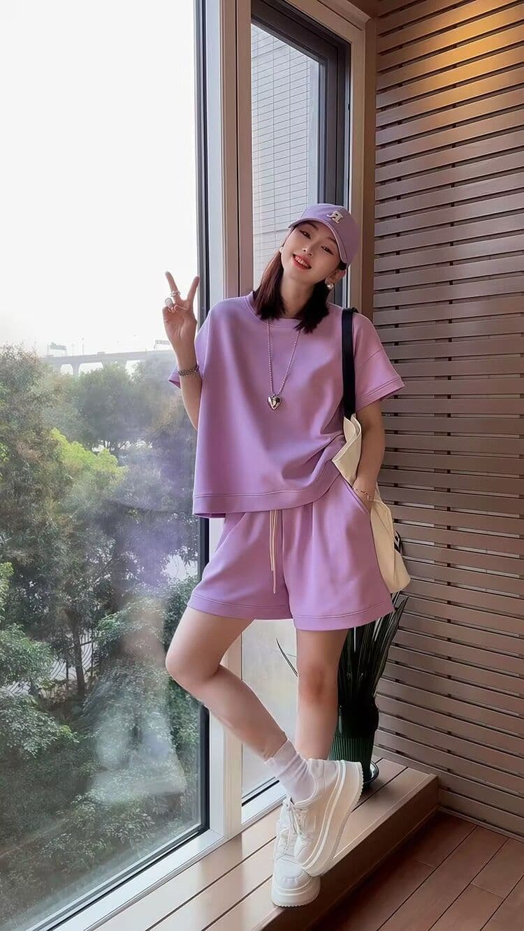 패션 세트 여성 여름 새로운 외국 가스 연령 감소 반팔 넓은 다리가 짧다. 바지 투피스 세트 상세 이미지 15
