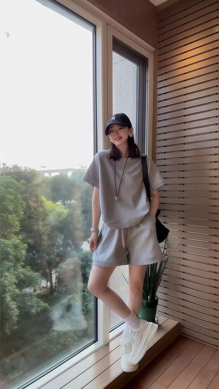 패션 세트 여성 여름 새로운 외국 가스 연령 감소 반팔 넓은 다리가 짧다. 바지 투피스 세트 상세 이미지 18