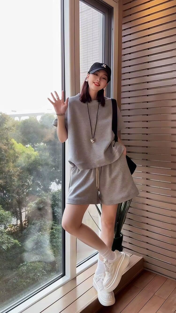 패션 세트 여성 여름 새로운 외국 가스 연령 감소 반팔 넓은 다리가 짧다. 바지 투피스 세트 상세 이미지 19