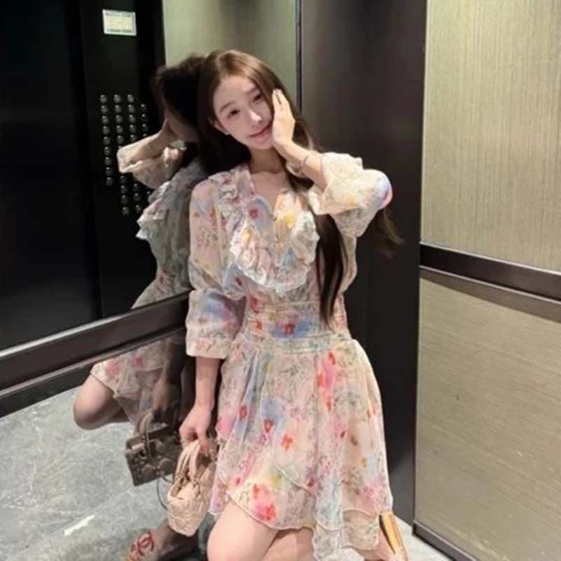 있음 안감 프랑스식 달콤한 스타일 꽃무늬 여성 드레스 V넥 허리 수축 슬림해 보이는 휴가 드레스