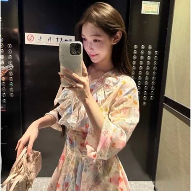 있음 안감 프랑스식 달콤한 스타일 꽃무늬 여성 드레스 V넥 허리 수축 슬림해 보이는 휴가 드레스 이미지 2