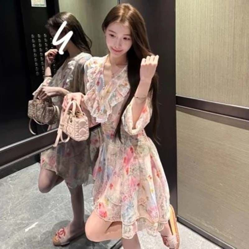 있음 안감 프랑스식 달콤한 스타일 꽃무늬 여성 드레스 V넥 허리 수축 슬림해 보이는 휴가 드레스 상세 이미지 3