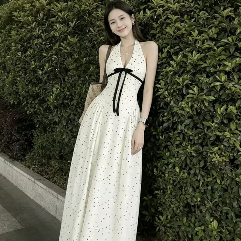 2026 새로운 프랑스식 우아함 숙녀 V넥 나비 매듭 배색 다용도 레트로 도트 무늬 행침 목 여성 드레스 트렌디 상세 이미지 5