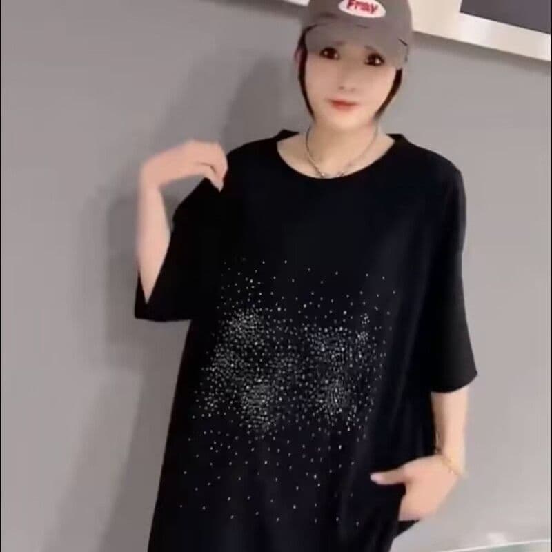 여름 패션 Gypsophila 세트 여성 300 근 통통한 여동생 지방 엄마 루즈핏 중간 소매 투피스 세트 상세 이미지 11