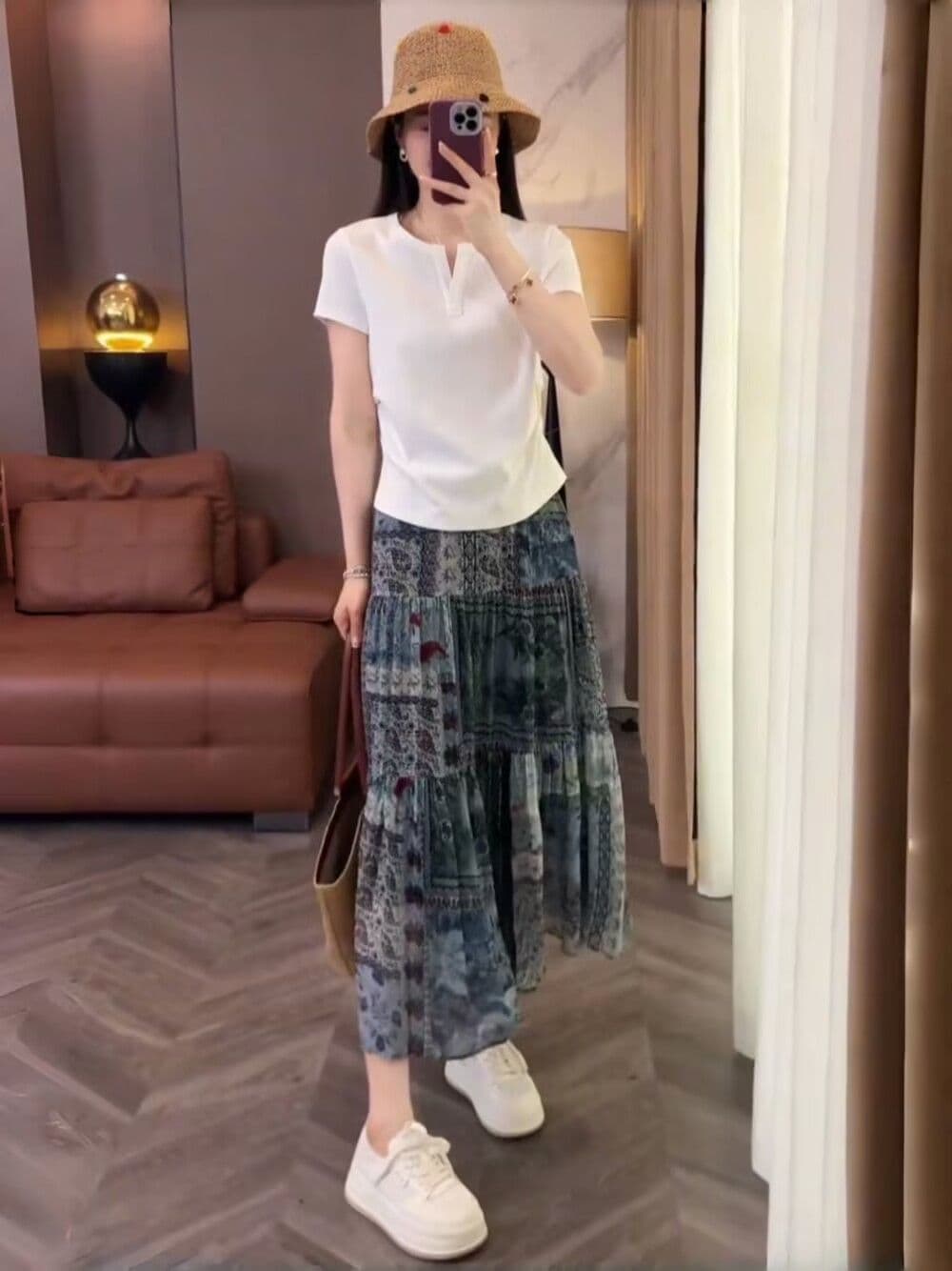 진주 쉬폰 모방 면 여름 드레스 세트 여성 새로운 패션 캐주얼 반팔 티셔츠 꽃무늬 치마 투피스 세트 상세 이미지 8