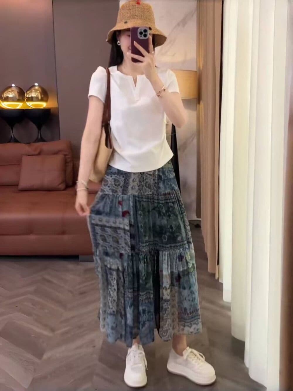 진주 쉬폰 모방 면 여름 드레스 세트 여성 새로운 패션 캐주얼 반팔 티셔츠 꽃무늬 치마 투피스 세트 상세 이미지 10
