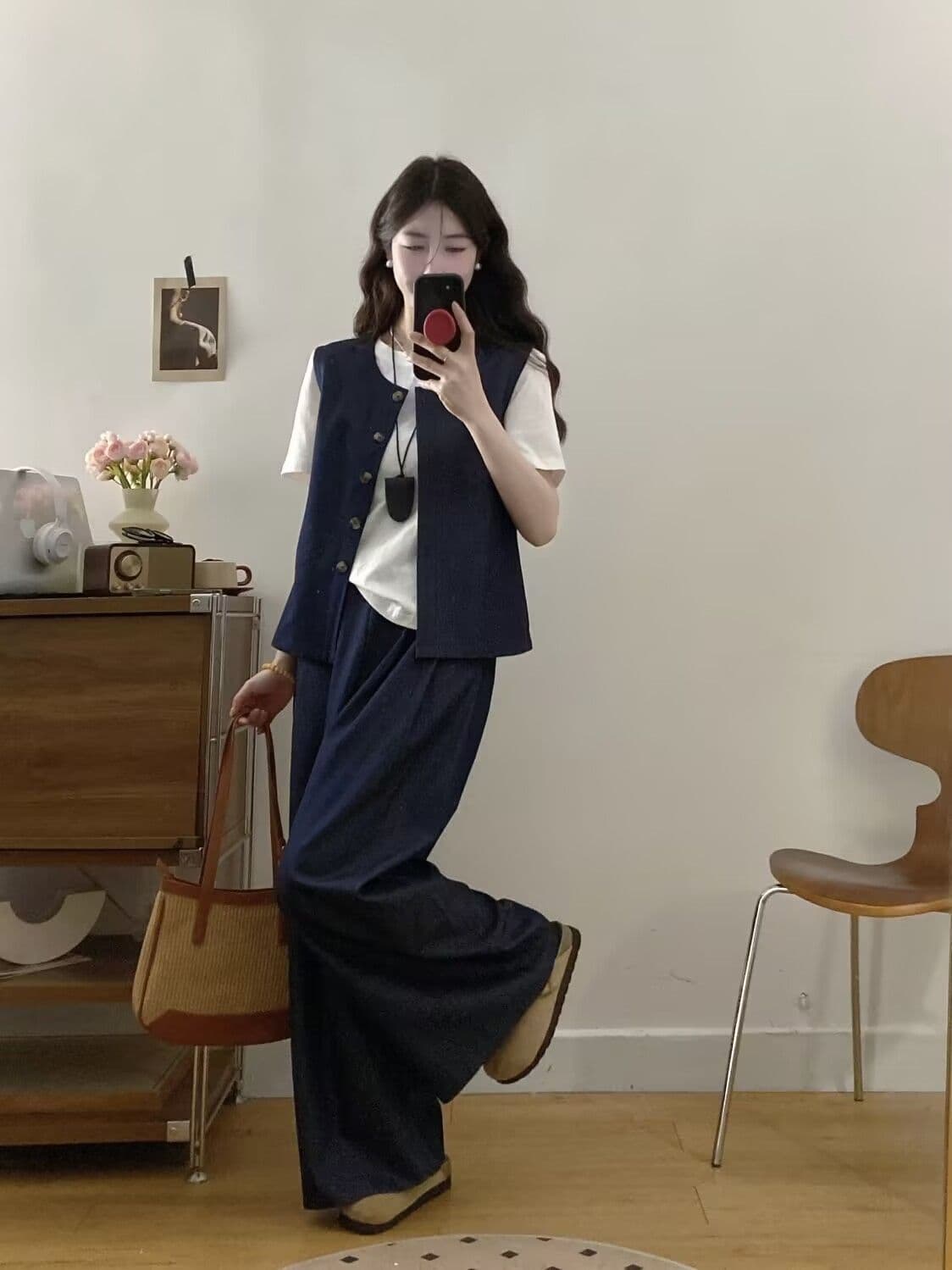 주간 실크 마 빅 사이즈 여름 새로운 패션 품격 반팔 티셔츠 허리 수축 슬림해 보이는 베스트 와이드 레그 팬츠 3종 세트 상세 이미지 3