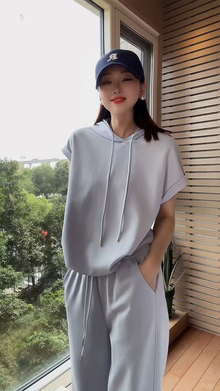캐주얼 세트 여성 여름 새로운 디자인 센스 후드 반팔 와이드 레그 팬츠 투피스 세트 상세 이미지 10