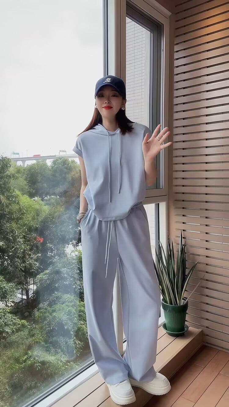 캐주얼 세트 여성 여름 새로운 디자인 센스 후드 반팔 와이드 레그 팬츠 투피스 세트 상세 이미지 12