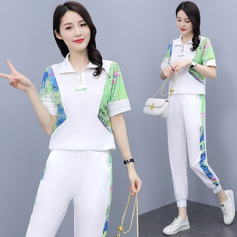 패션 캐주얼 스포츠 슈트 여성 2026 여름 새로운 슬림해 보이는 맨위 조거 바지 투피스 세트 트렌디 이미지 2