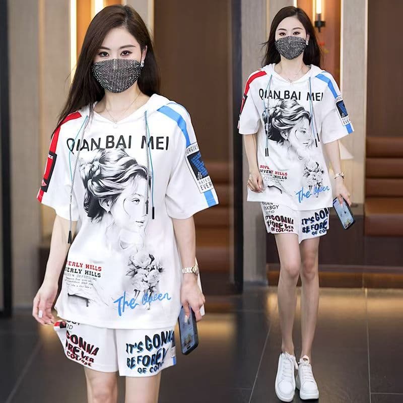 패션 빅 사이즈 캐주얼 스포츠 슈트 여름 새로운 후드 표지 고기 프린트 반바지 두 조각 여성 세트