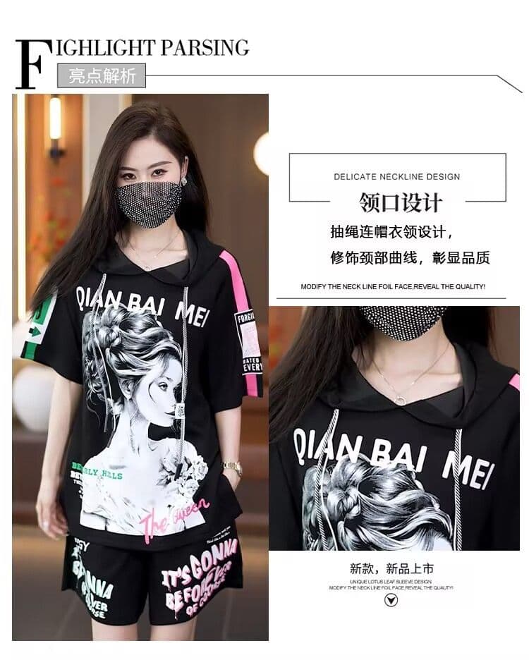 패션 빅 사이즈 캐주얼 스포츠 슈트 여름 새로운 후드 표지 고기 프린트 반바지 두 조각 여성 세트 상세 이미지 7