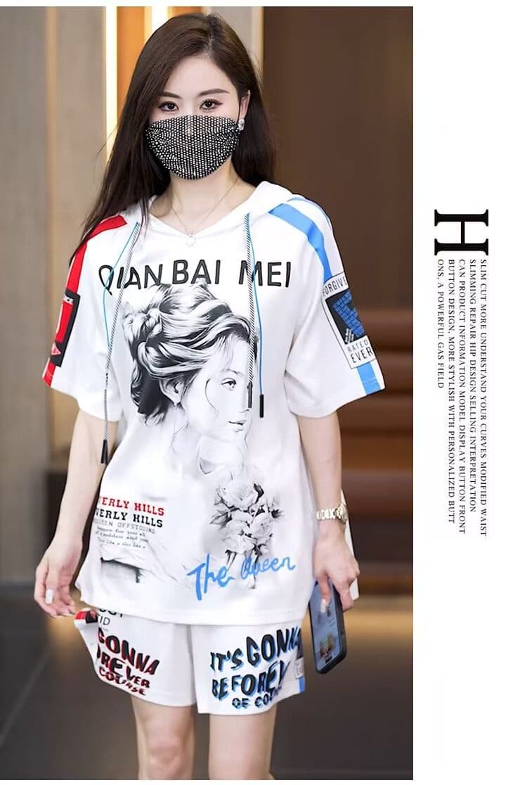 패션 빅 사이즈 캐주얼 스포츠 슈트 여름 새로운 후드 표지 고기 프린트 반바지 두 조각 여성 세트 상세 이미지 29