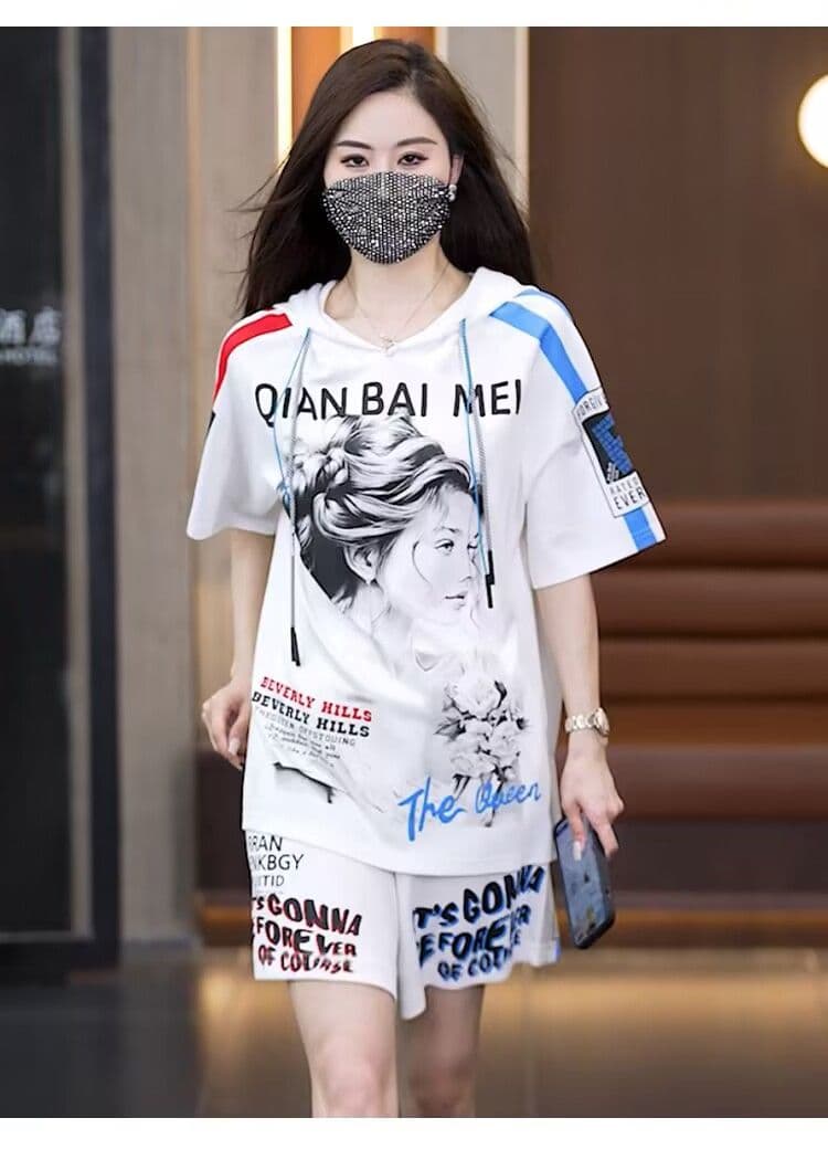 패션 빅 사이즈 캐주얼 스포츠 슈트 여름 새로운 후드 표지 고기 프린트 반바지 두 조각 여성 세트 상세 이미지 31