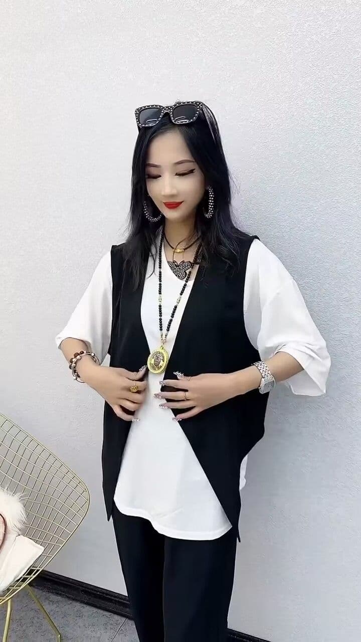 패션 세트 여성 여름 새로운 외국 가스 루즈핏 반팔 티셔츠 베스트 3종 세트 상세 이미지 4