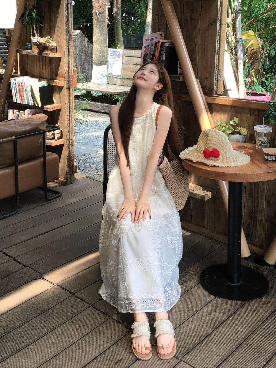 프랑스식 달콤함 자수 레이스 행침 목 조끼 여성 드레스 여름 디자인 센스 고유 한 아름다운 첫사랑 길다 치마 이미지 3