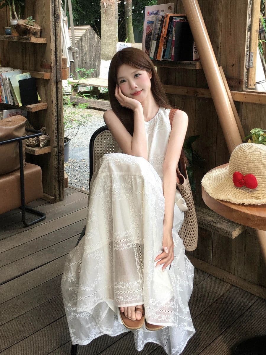 프랑스식 달콤함 자수 레이스 행침 목 조끼 여성 드레스 여름 디자인 센스 고유 한 아름다운 첫사랑 길다 치마 상세 이미지 6