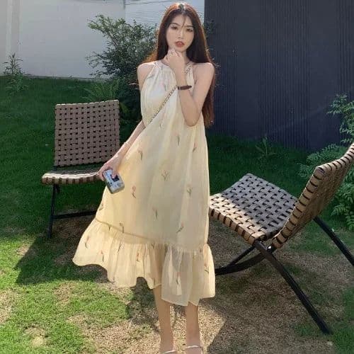 차 휴식 프랑스식 달콤함 꽃무늬 여성 드레스 이른 봄 부드러운 바람 디자인 센스 행침 목 오프숄더 민소매 요정 치마