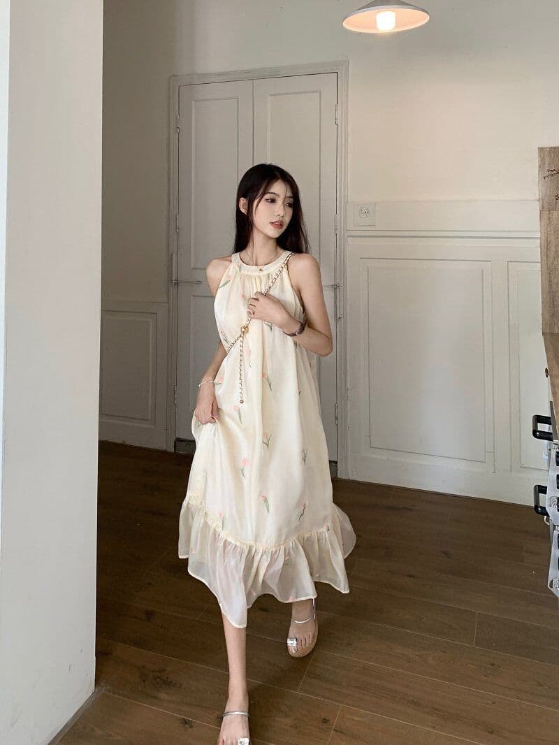 차 휴식 프랑스식 달콤함 꽃무늬 여성 드레스 이른 봄 부드러운 바람 디자인 센스 행침 목 오프숄더 민소매 요정 치마 이미지 2