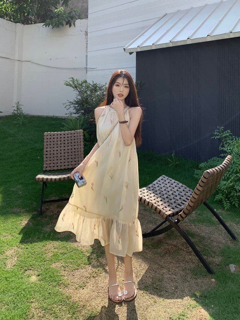 차 휴식 프랑스식 달콤함 꽃무늬 여성 드레스 이른 봄 부드러운 바람 디자인 센스 행침 목 오프숄더 민소매 요정 치마 이미지 4
