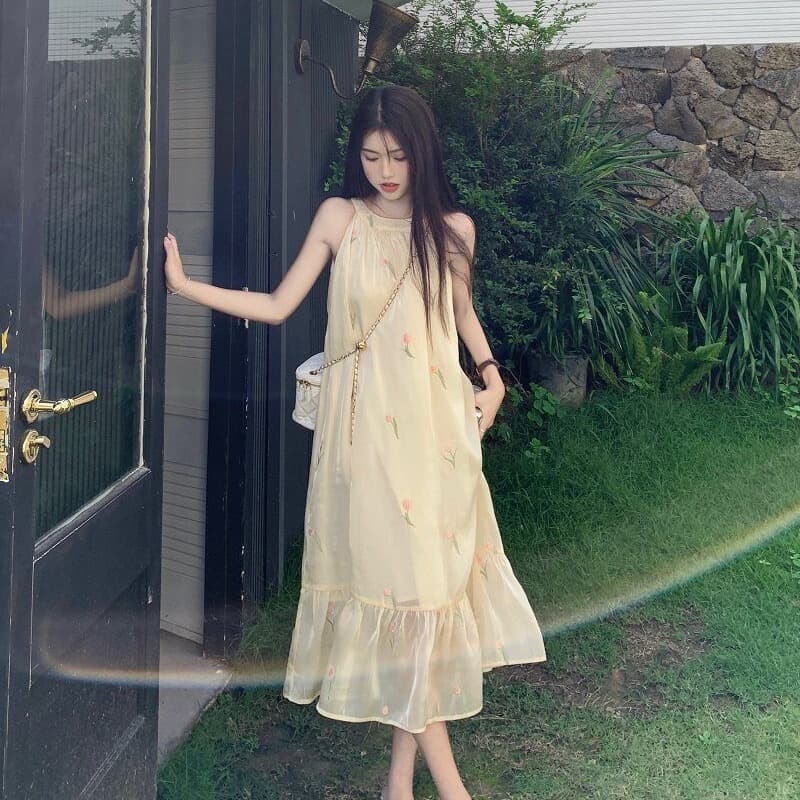 차 휴식 프랑스식 달콤함 꽃무늬 여성 드레스 이른 봄 부드러운 바람 디자인 센스 행침 목 오프숄더 민소매 요정 치마 이미지 5