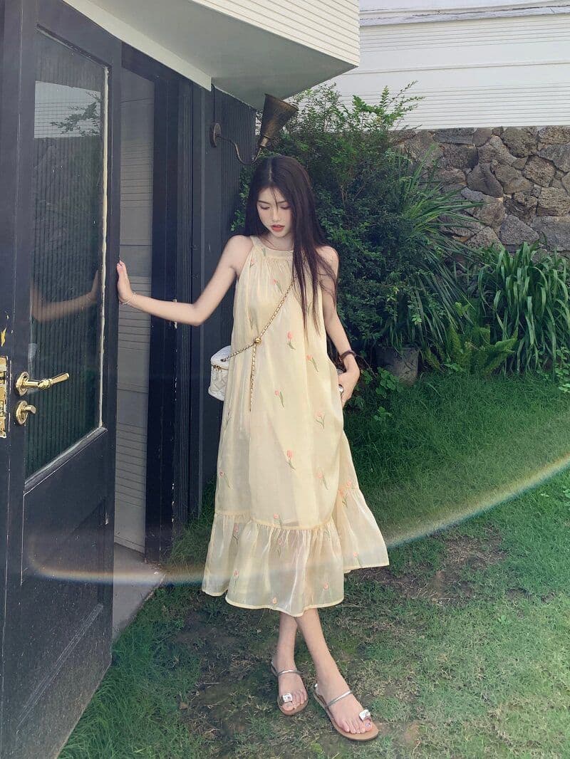 차 휴식 프랑스식 달콤함 꽃무늬 여성 드레스 이른 봄 부드러운 바람 디자인 센스 행침 목 오프숄더 민소매 요정 치마 상세 이미지 3