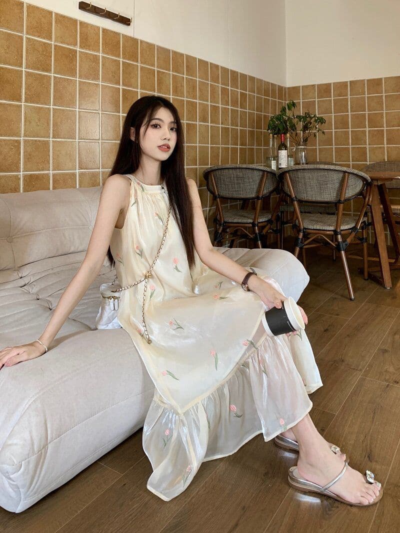 차 휴식 프랑스식 달콤함 꽃무늬 여성 드레스 이른 봄 부드러운 바람 디자인 센스 행침 목 오프숄더 민소매 요정 치마 상세 이미지 5