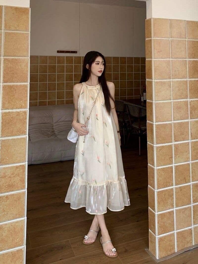 차 휴식 프랑스식 달콤함 꽃무늬 여성 드레스 이른 봄 부드러운 바람 디자인 센스 행침 목 오프숄더 민소매 요정 치마 상세 이미지 6