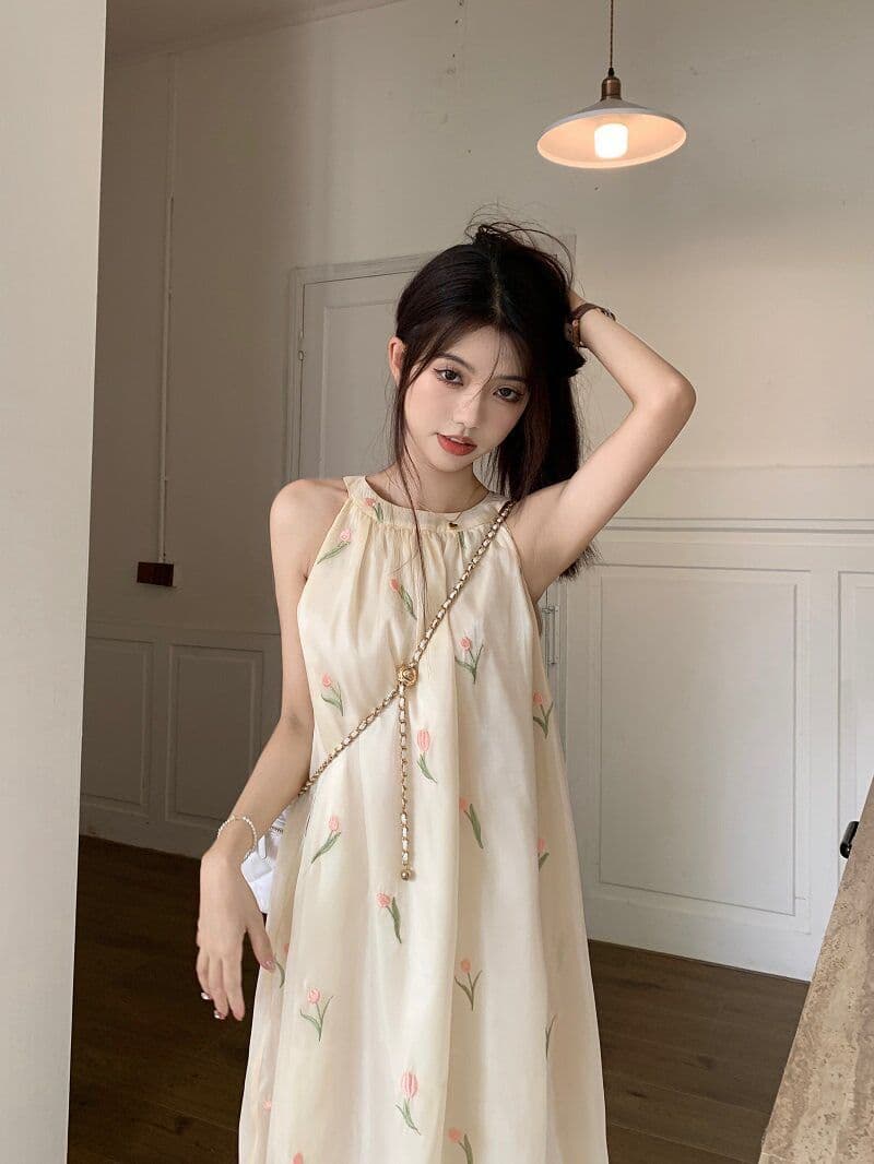 차 휴식 프랑스식 달콤함 꽃무늬 여성 드레스 이른 봄 부드러운 바람 디자인 센스 행침 목 오프숄더 민소매 요정 치마 상세 이미지 10