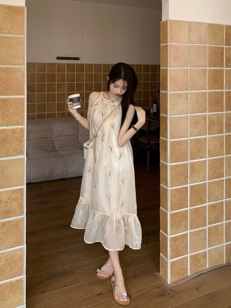 차 휴식 프랑스식 달콤함 꽃무늬 여성 드레스 이른 봄 부드러운 바람 디자인 센스 행침 목 오프숄더 민소매 요정 치마 상세 이미지 12