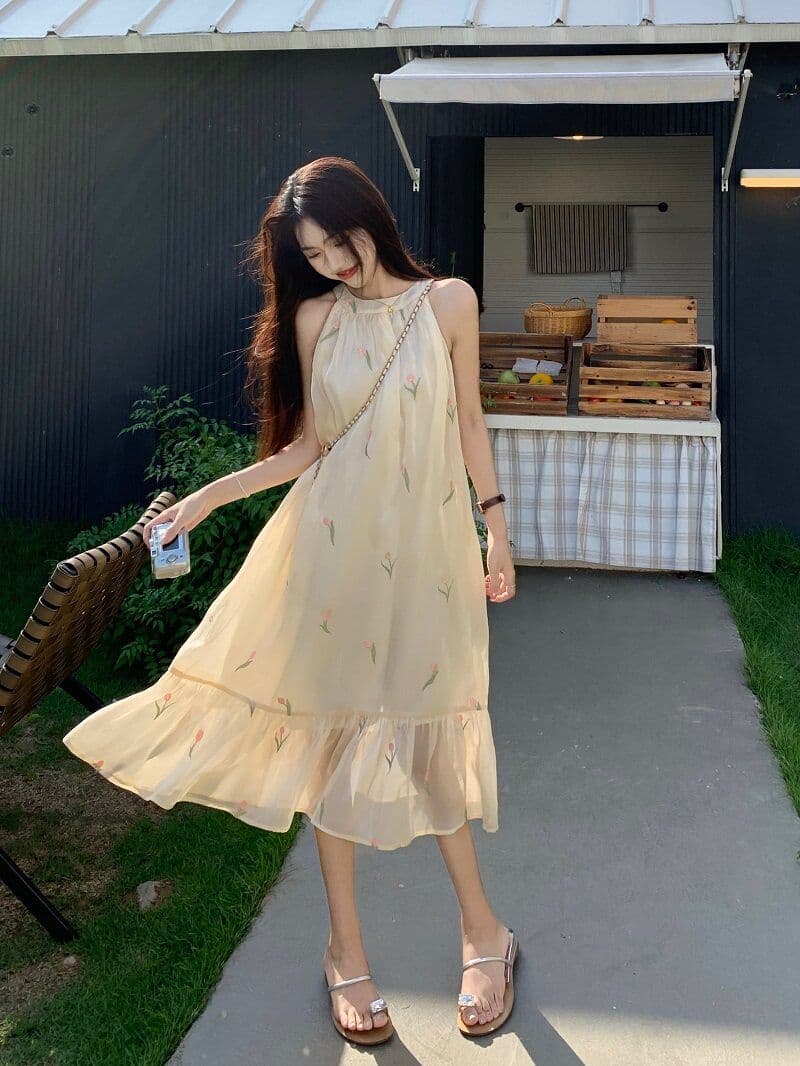 차 휴식 프랑스식 달콤함 꽃무늬 여성 드레스 이른 봄 부드러운 바람 디자인 센스 행침 목 오프숄더 민소매 요정 치마 상세 이미지 14