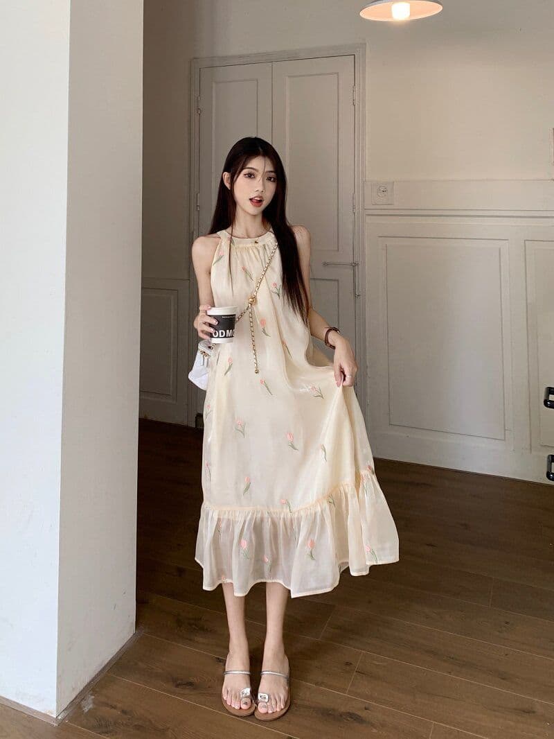 차 휴식 프랑스식 달콤함 꽃무늬 여성 드레스 이른 봄 부드러운 바람 디자인 센스 행침 목 오프숄더 민소매 요정 치마 상세 이미지 15