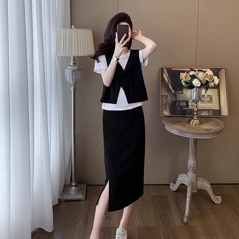 모방 면 사선 무늬 당겨 프레임 디자인 센스 여름 새로운 패션 캐주얼 세트 드레스 여성 슬림해 보이는 베스트 티셔츠 3종 세트 이미지 4