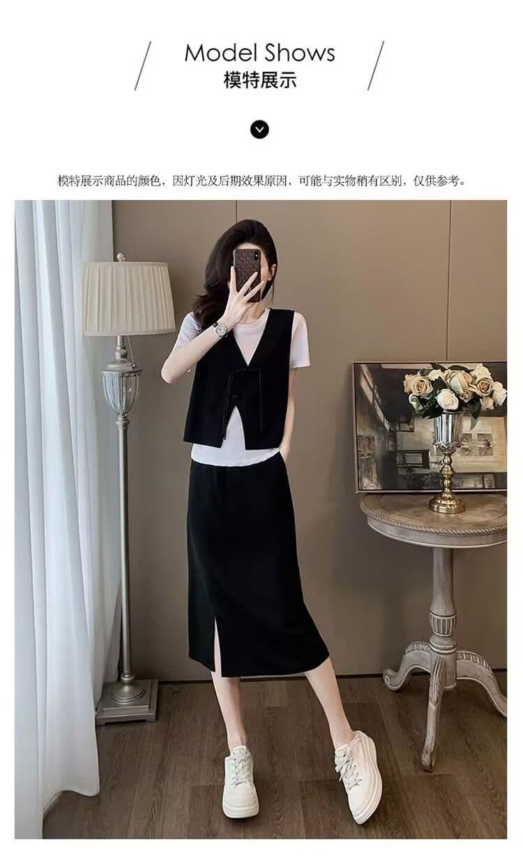 모방 면 사선 무늬 당겨 프레임 디자인 센스 여름 새로운 패션 캐주얼 세트 드레스 여성 슬림해 보이는 베스트 티셔츠 3종 세트 상세 이미지 4