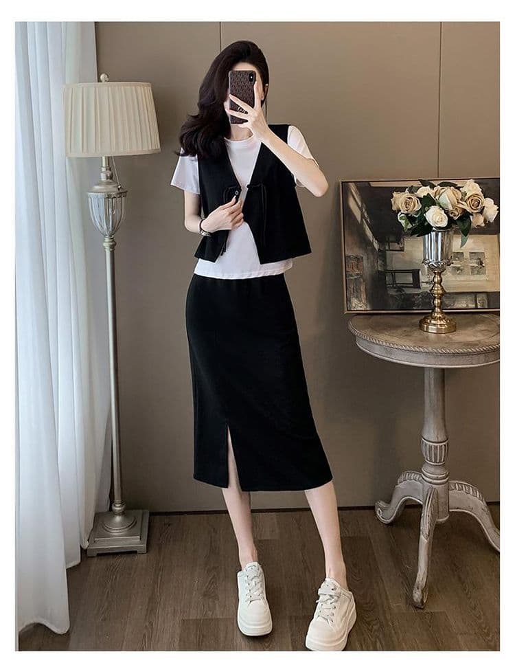 모방 면 사선 무늬 당겨 프레임 디자인 센스 여름 새로운 패션 캐주얼 세트 드레스 여성 슬림해 보이는 베스트 티셔츠 3종 세트 상세 이미지 10