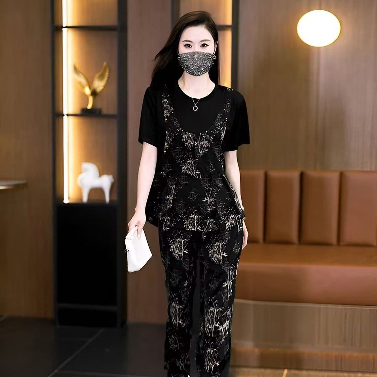 모방 면 사선 무늬 당겨 프레임 디자인 센스 여름 새로운 패션 캐주얼 세트 드레스 여성 슬림해 보이는 베스트 티셔츠 3종 세트 상세 이미지 4