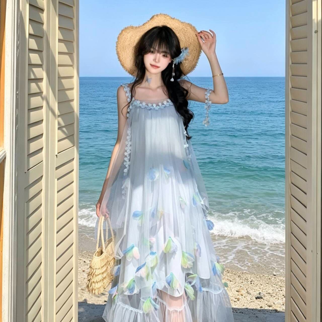여름 슈퍼 요정 아름다운 해변가 휴가 바람 착용 가져 가라. 사진 찍기 넘 조각 한 눈 근사한 술 슬립 여성 드레스 상세 이미지 9