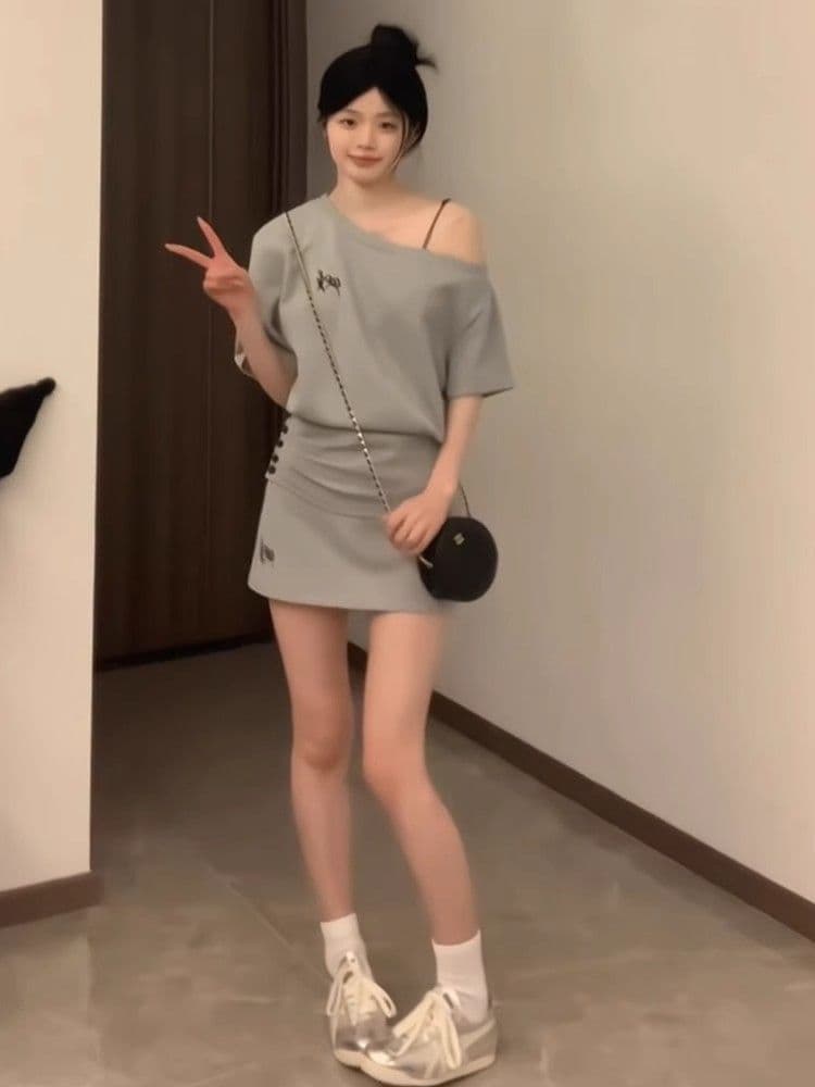 스포츠 슈트 여성 여름 루즈핏 패션 반팔 미니 스커트 품격 캐주얼 투피스 세트 이미지 3