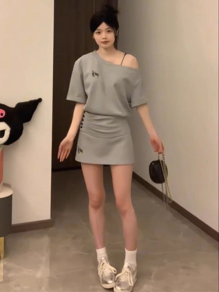 스포츠 슈트 여성 여름 루즈핏 패션 반팔 미니 스커트 품격 캐주얼 투피스 세트 이미지 4
